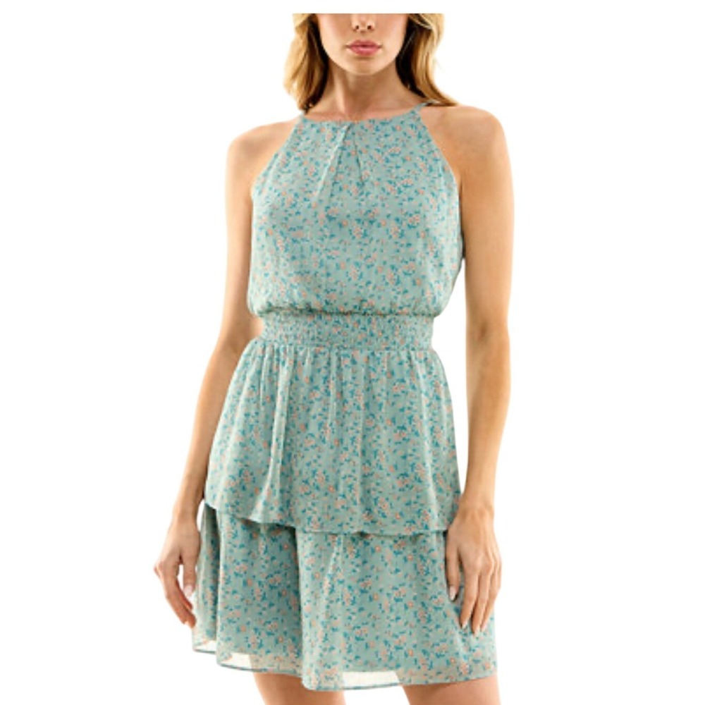 The‎ General Good SZ Large Aqua Floral Tiered Ruffle Halter Dress